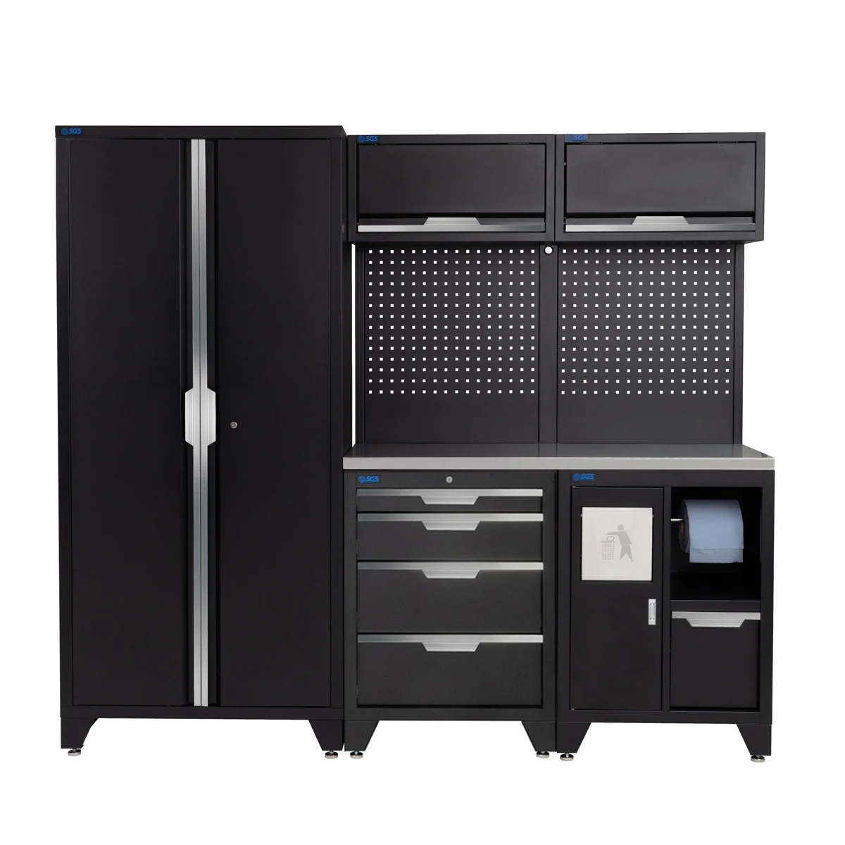 SGS 7pc Garage Storage System | 4 Drawers | Stainless Steel Worktop | Bin Unit | 2x Upper Cabinets | Tall Double Cabinet